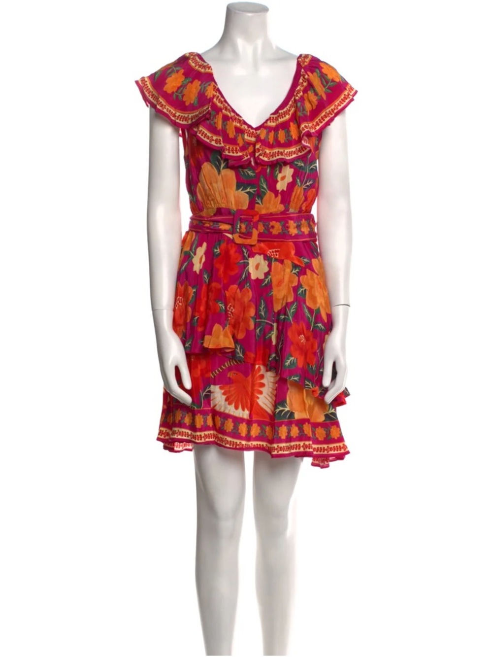 Farm Rio Pink Floral Mini Dress 🌺 Ruffle Trim Belted Tropical Dress Size S - Picture 3 of 5